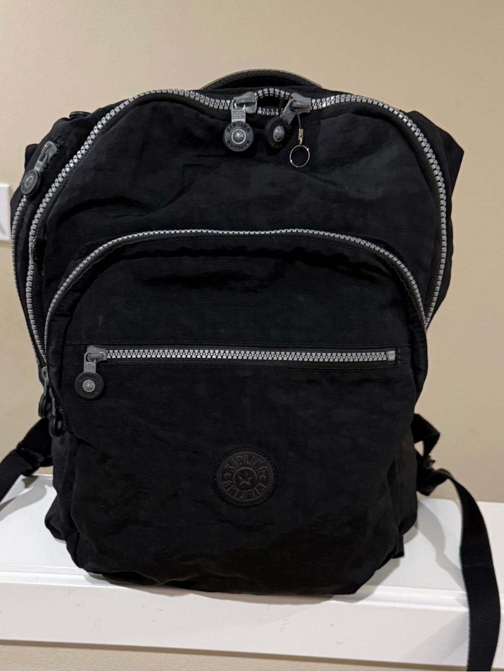 Kipling Black Nylon Multi-Zip Backpack full size# gorilla missing
